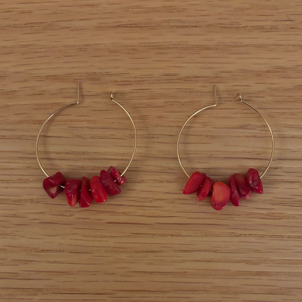 Gold Hoop Earrings with Coral Red Stone Beads